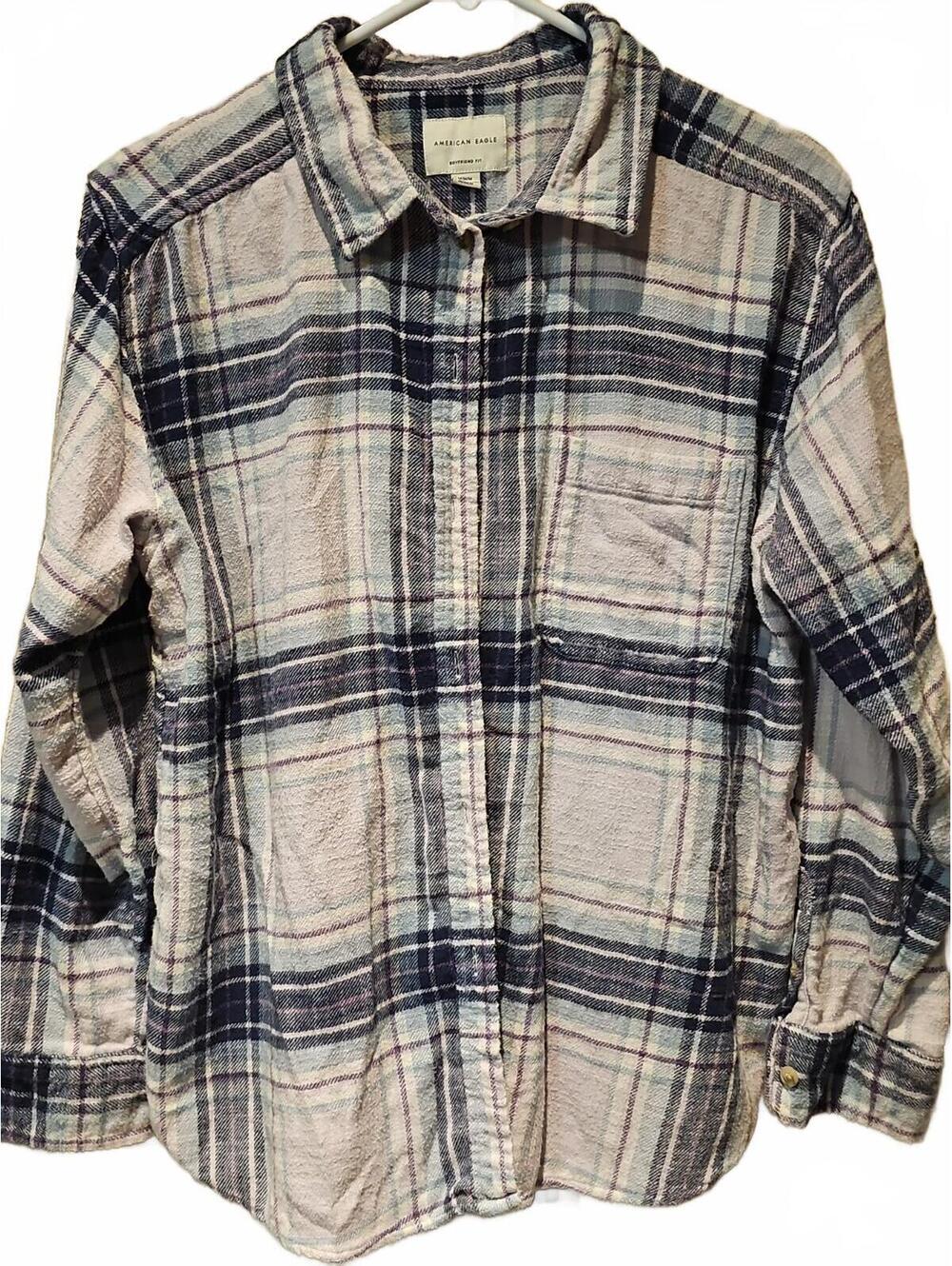 American Eagle Plaid Flannel Shirt Purple Blue Boyfriend Fit 100% Cotton Size M